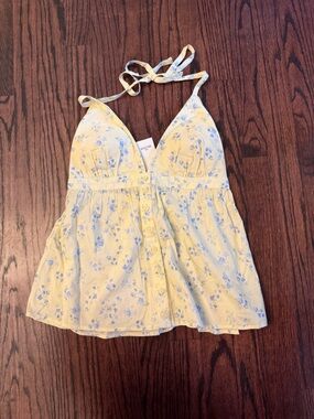Hollister Yellow Floral Halter Tank Top with Blue Flowers